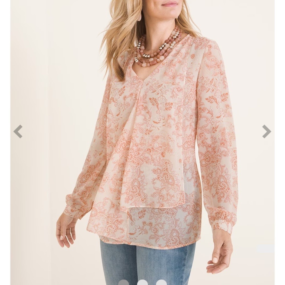 Chico's Blouse Paisley‎ Floral V-Neck Drape Front, Womens 3 [16/18] Peach